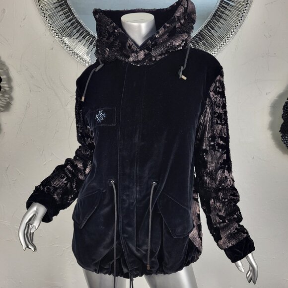 NWT~$2590~MR & MRS ITALY~S/M~BLACK VELVET SEQUIN HOODED PARKA COAT NO FUR - Picture 13 of 16